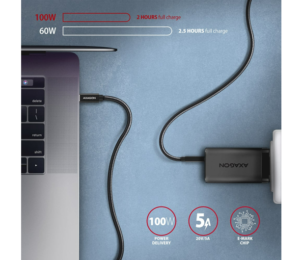 AXAGON BUCM32-CM20AB Kabel USB-C - USB-C 3.2 Gen 2, 2m, PD 100W, 5A, 4K HD, ALU, oplot, czarny - 1353478 - zdjęcie 3
